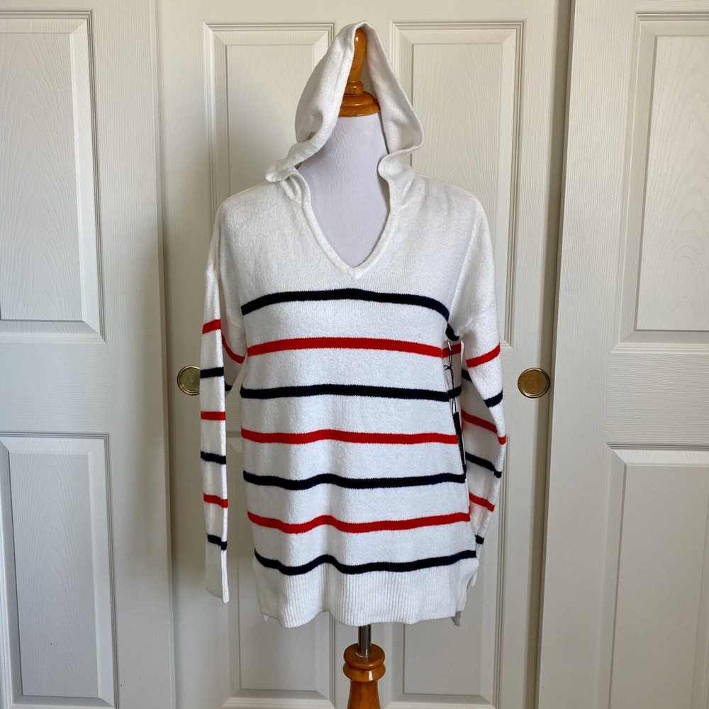Rachel Zoe Womens White Red Navy Striped Hooded Pullover Sweater NWT Size M